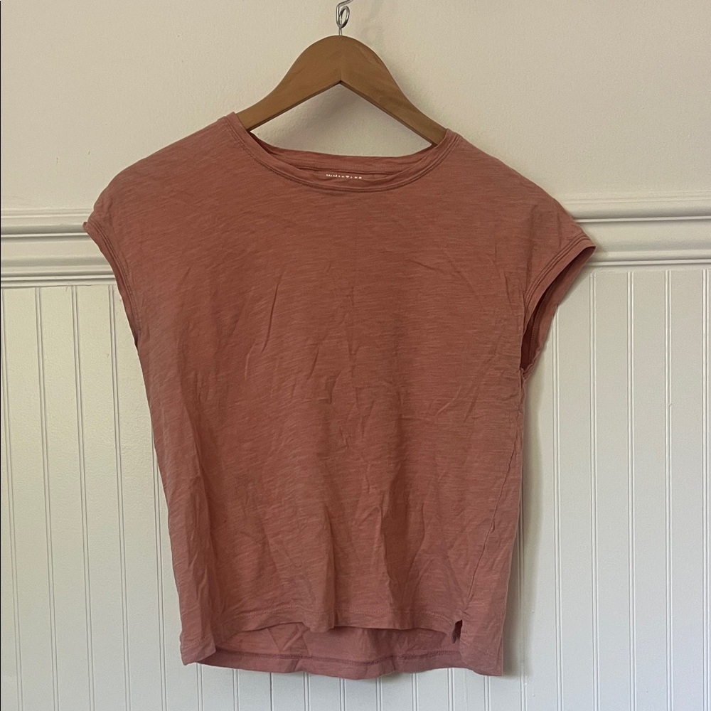 Whistles Washed Rose Crewneck Cap-Sleeve Top- made in Portugal